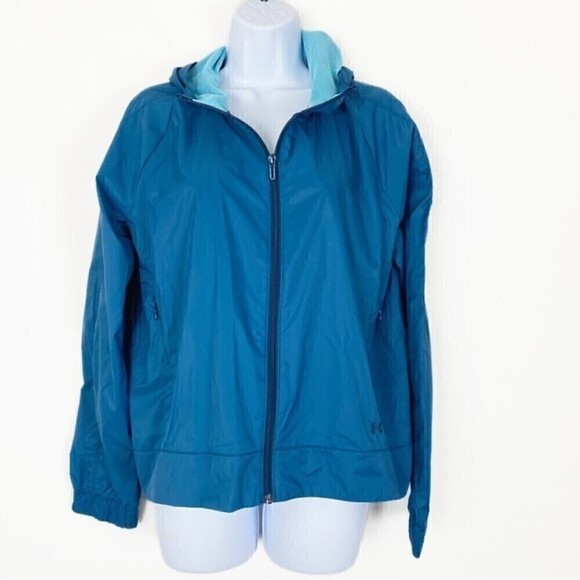 UA UNDER ARMOUR Teal Nylon Lightweight Windbreaker Jacket Loose Fit short medium - Picture 2 of 5